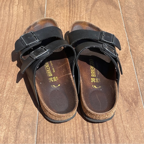 Birkenstock Arizona Unisex Sandals 38 (M5) (W7) Black Double Buckle Cork Heel - Picture 2 of 5